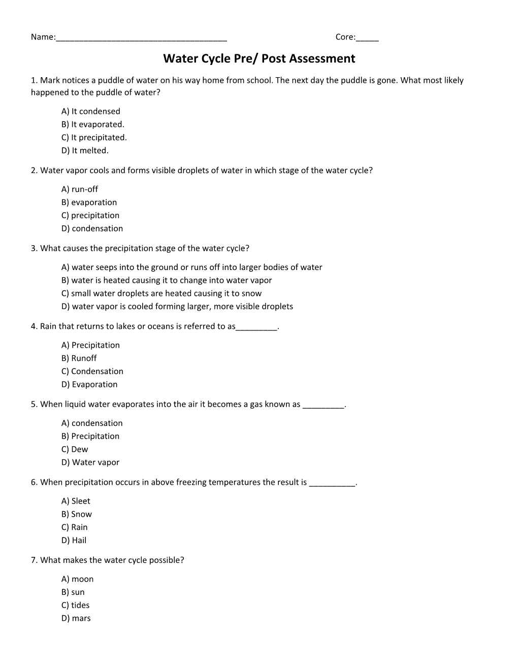 Water Cycle Pre/ Post Assessment