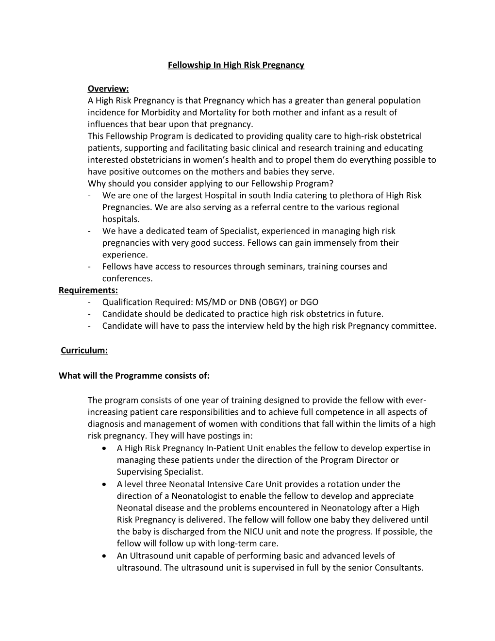 Fellowship in High Risk Pregnancy