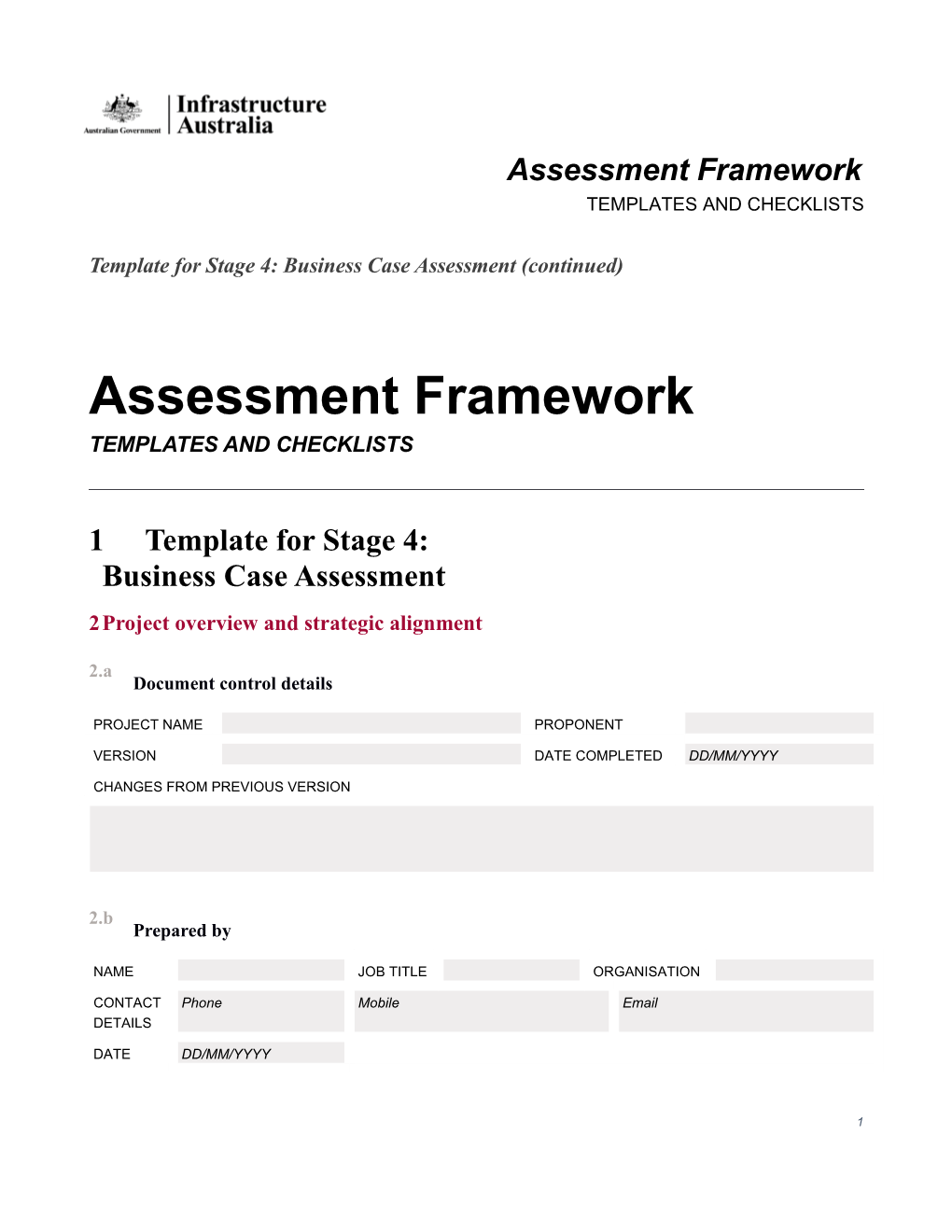 Template for Stage 4:Business Case Assessment