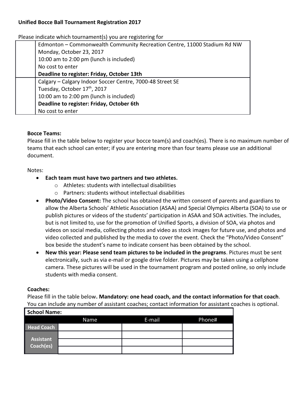 Unified Bocce Ball Tournament Registration 2017