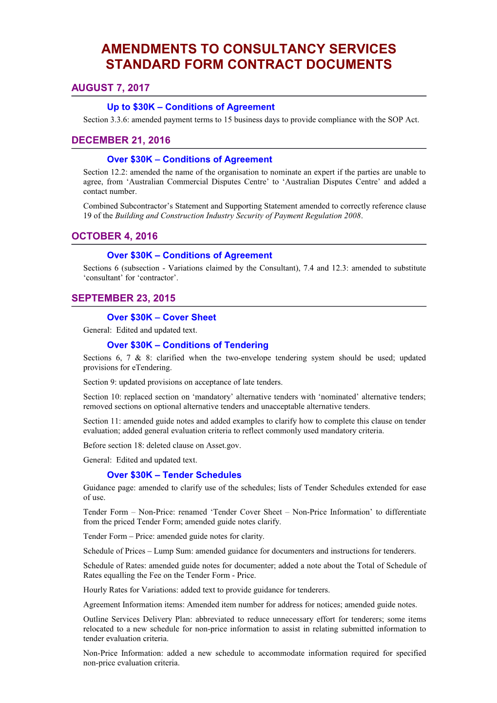 Amendments to Consultancy Services Standard Form Contract Documents