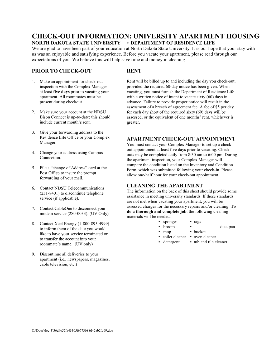 Checkout Information: University Apartment Housing