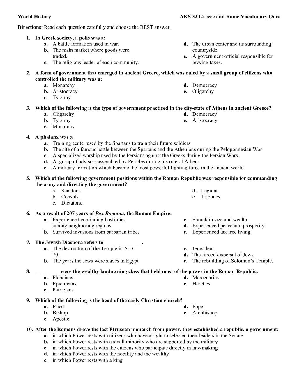 World Historyaks 32 Greece and Rome Vocabulary Quiz