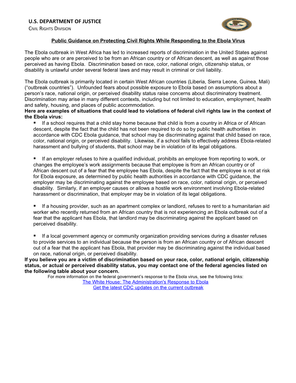 Public Guidance on Protecting Civil Rights While Responding to the Ebola Virus
