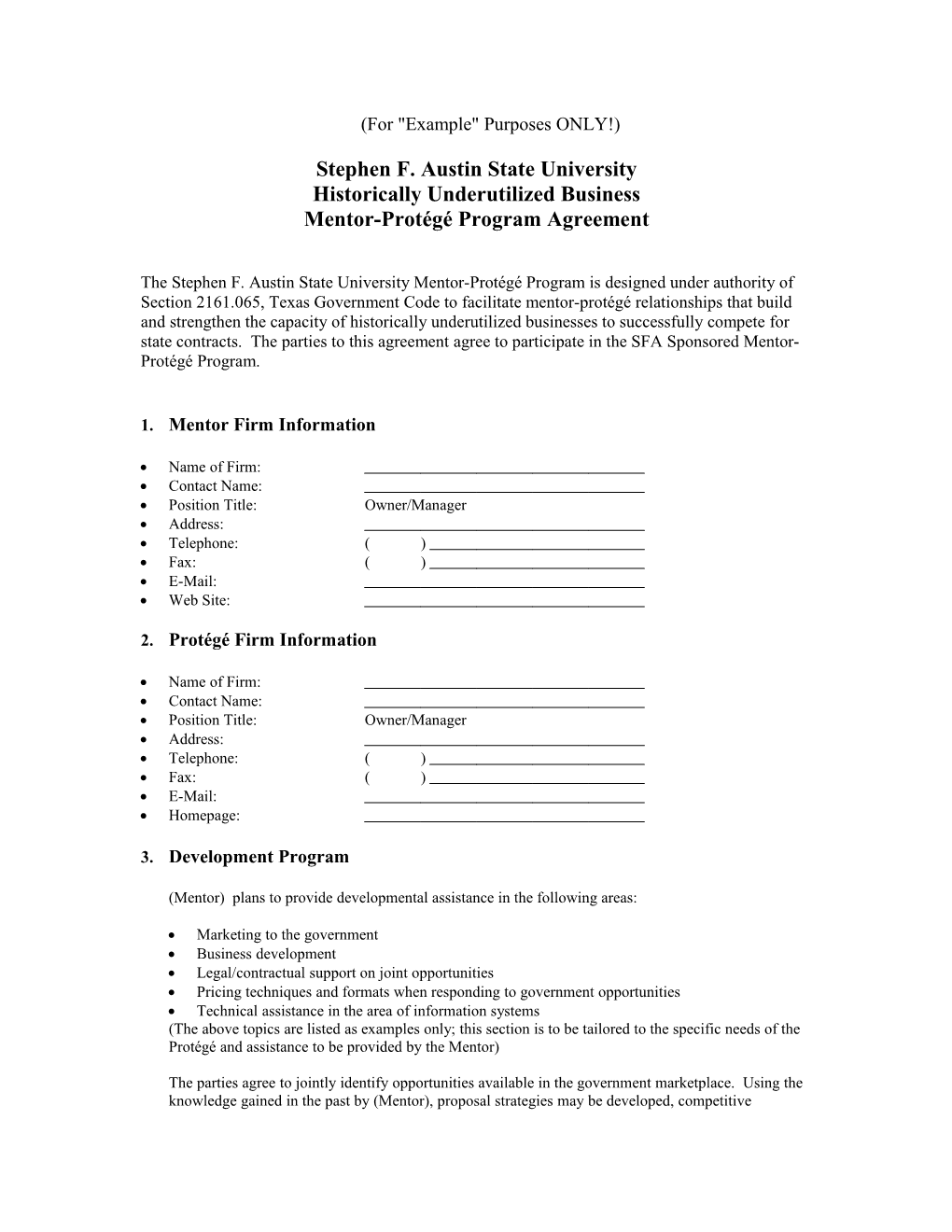 SFA Mentor Protégé Program Model Agreement