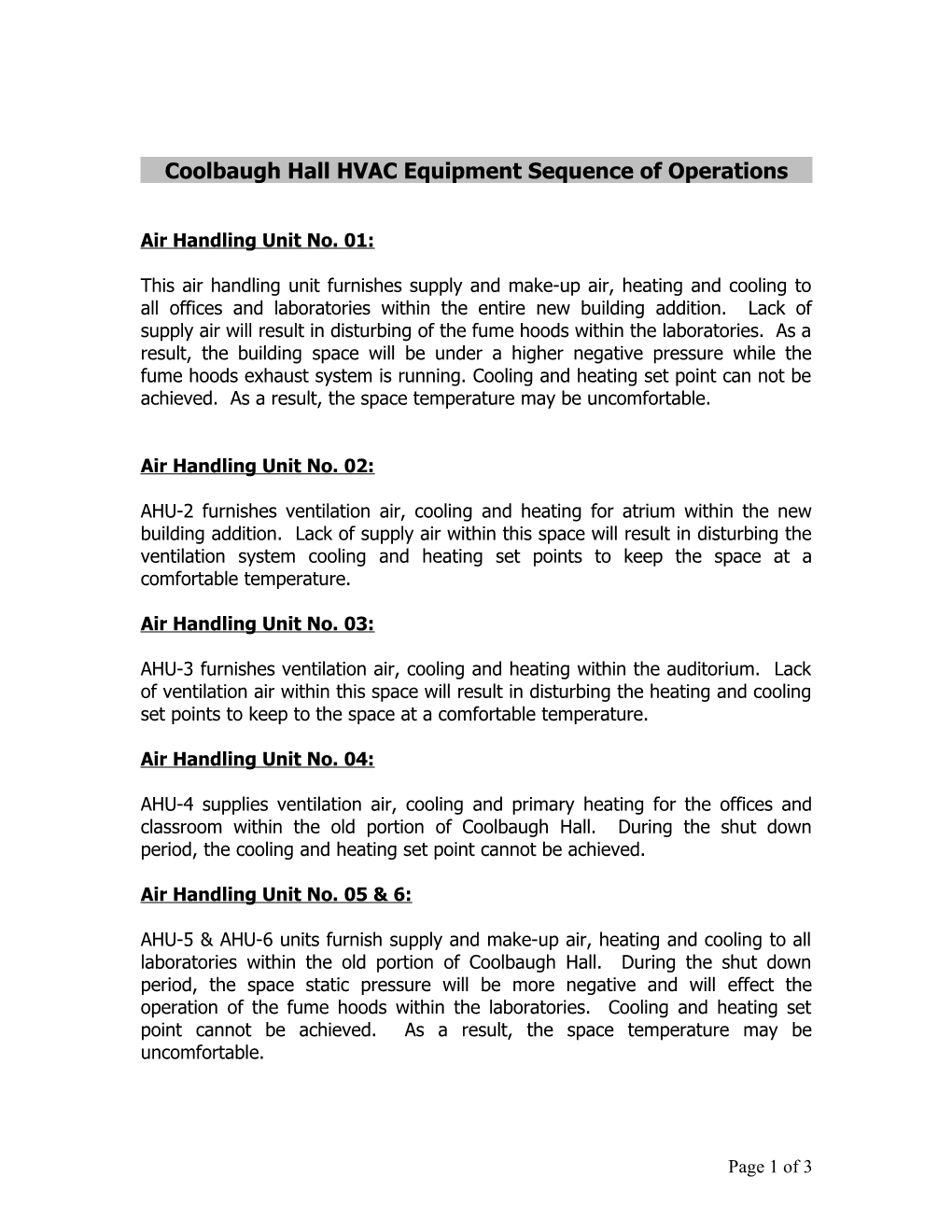 Coolbaugh Hall HVAC Equipment Sequence of Operations