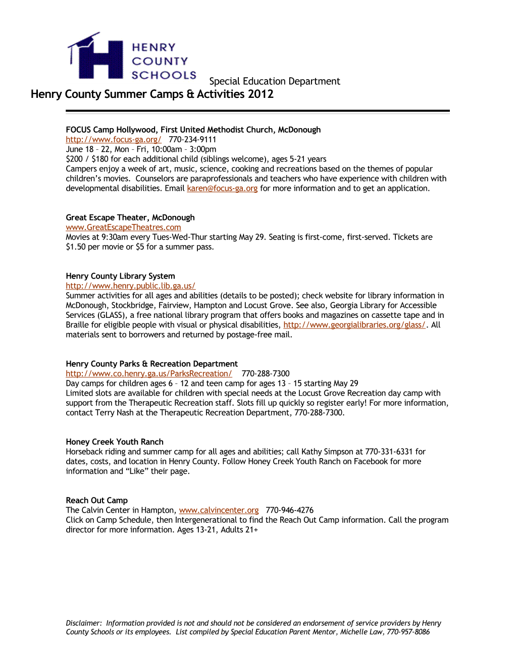 Henry County Summer Camps & Activities2012