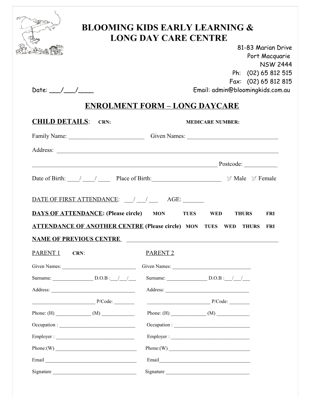 Enrolment Form Long Daycare