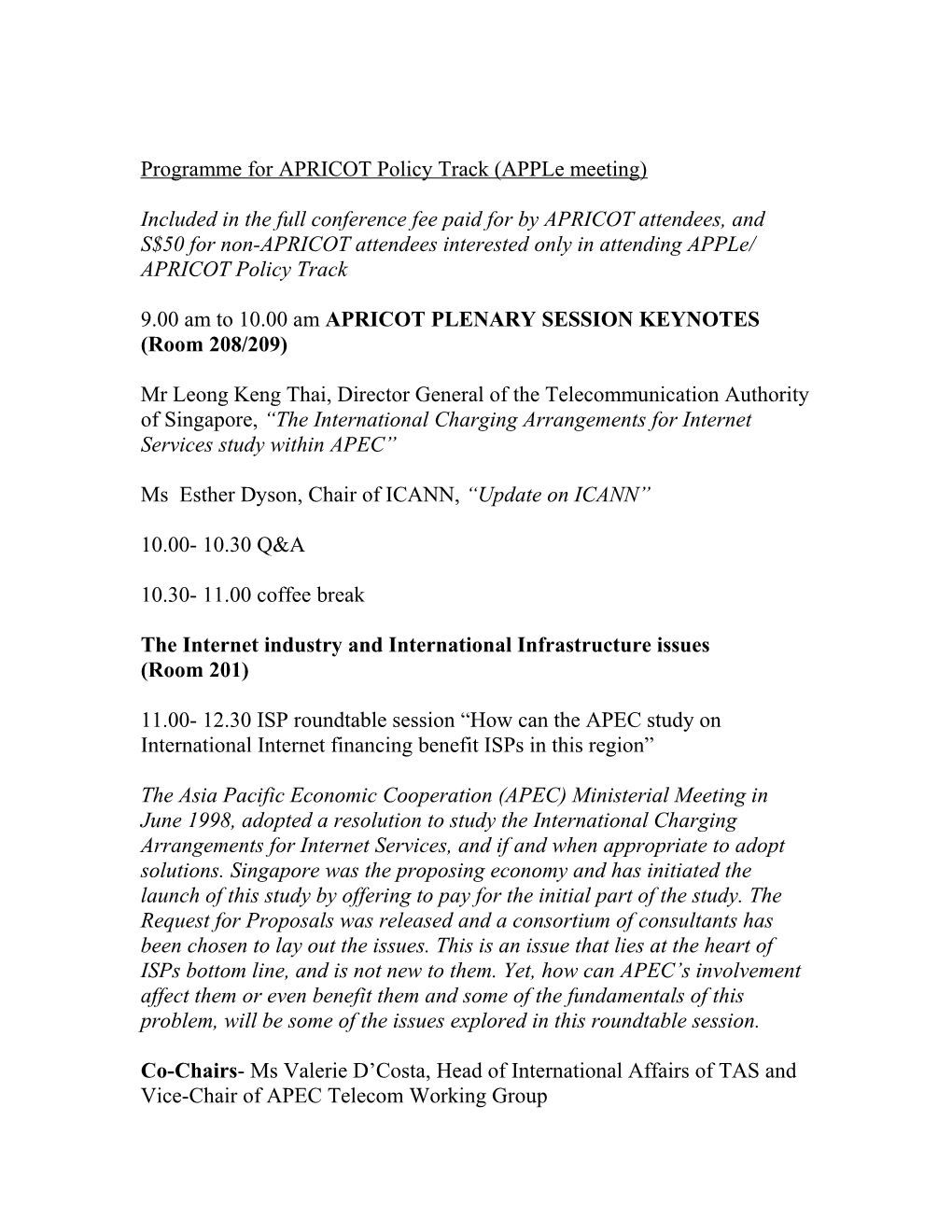 Programme for APRICOT Policy Track (Apple Meeting)