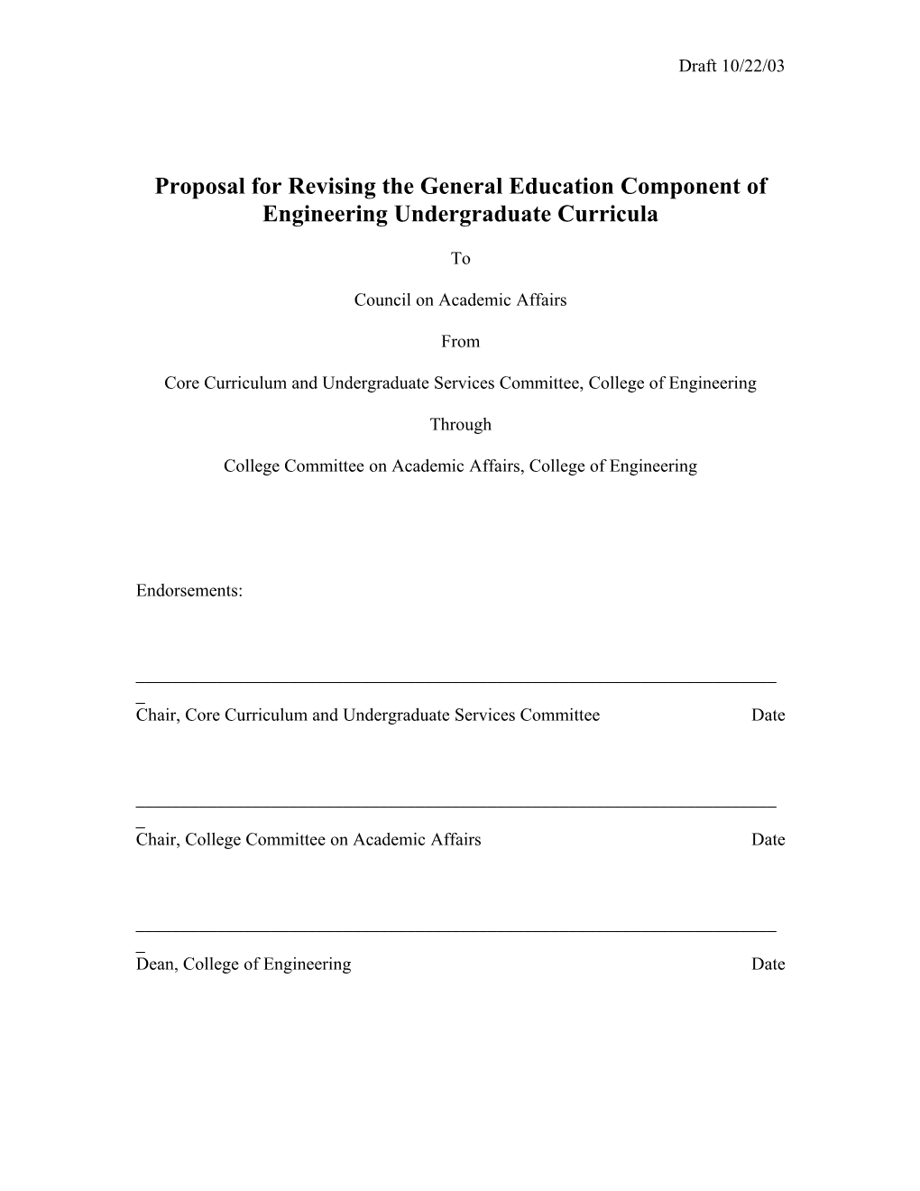 Proposal for Revising the General Education Component of Engineering Undergraduate Curricula