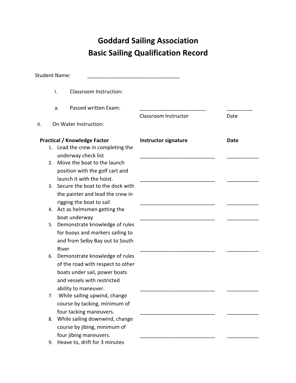 Basic Sailing Qualification Record