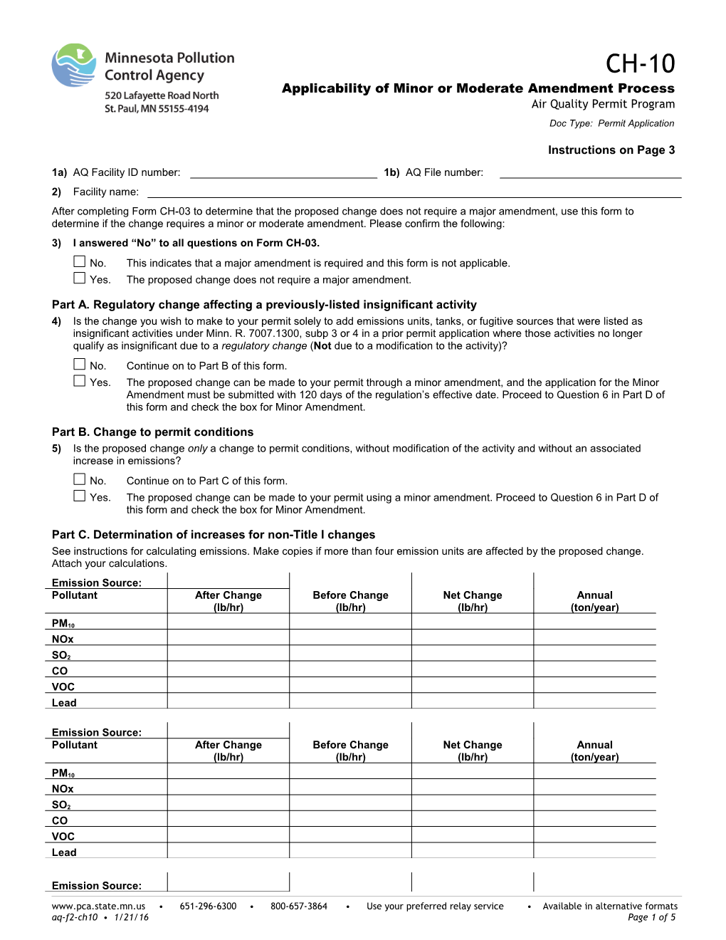 CH-10 Applicability of Minor Or Moderate Amendment Process Air Quality Permit Program - Form