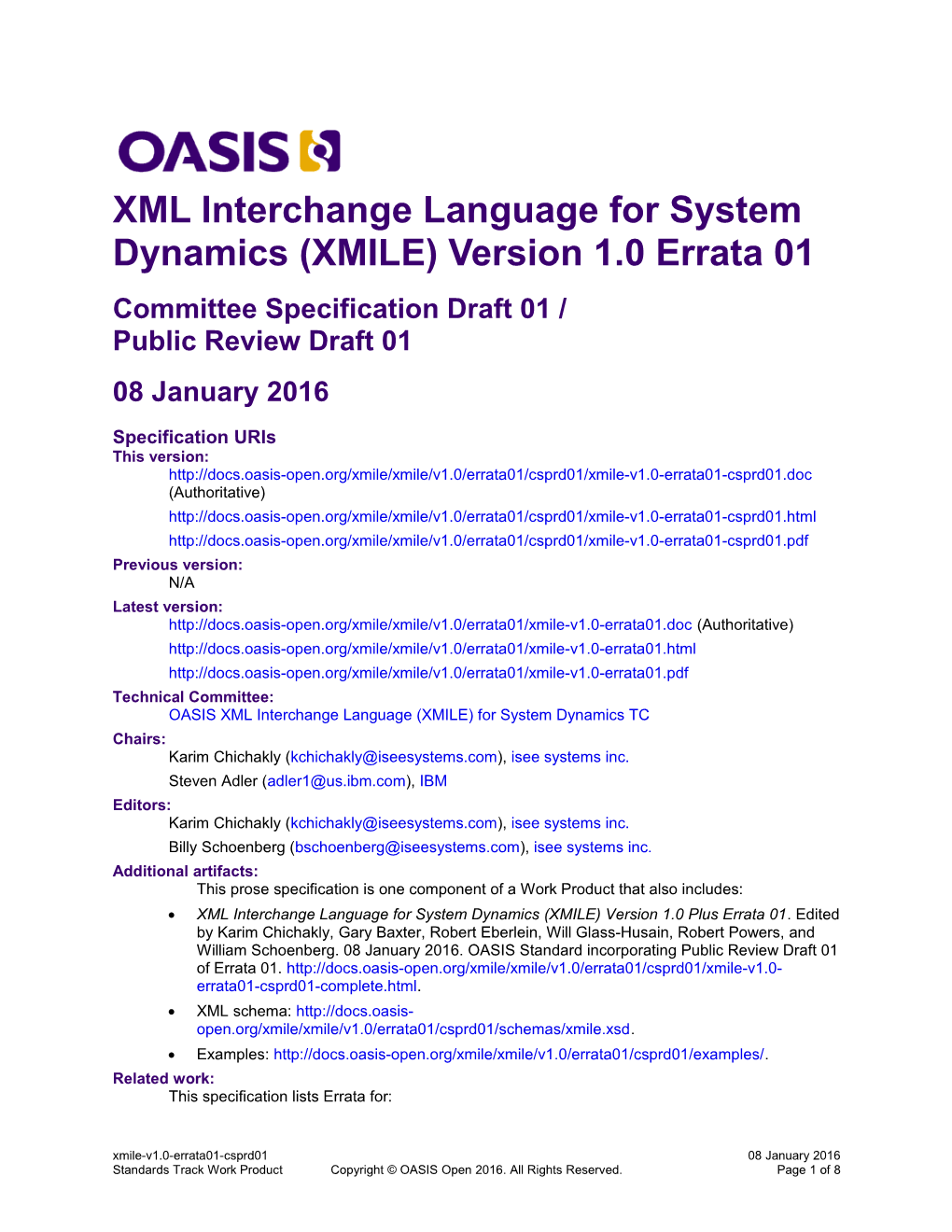 XML Interchange Language for System Dynamics (XMILE) Version 1.0 Errata 01