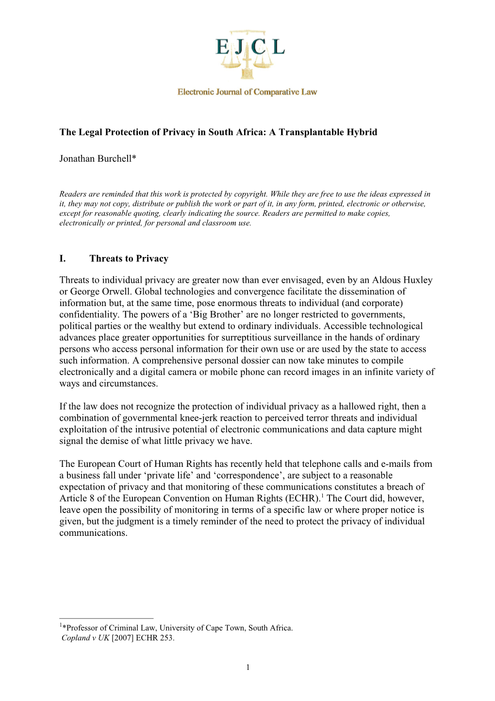 The Legal Protectionof Privacy in South Africa: Atransplantablehybrid