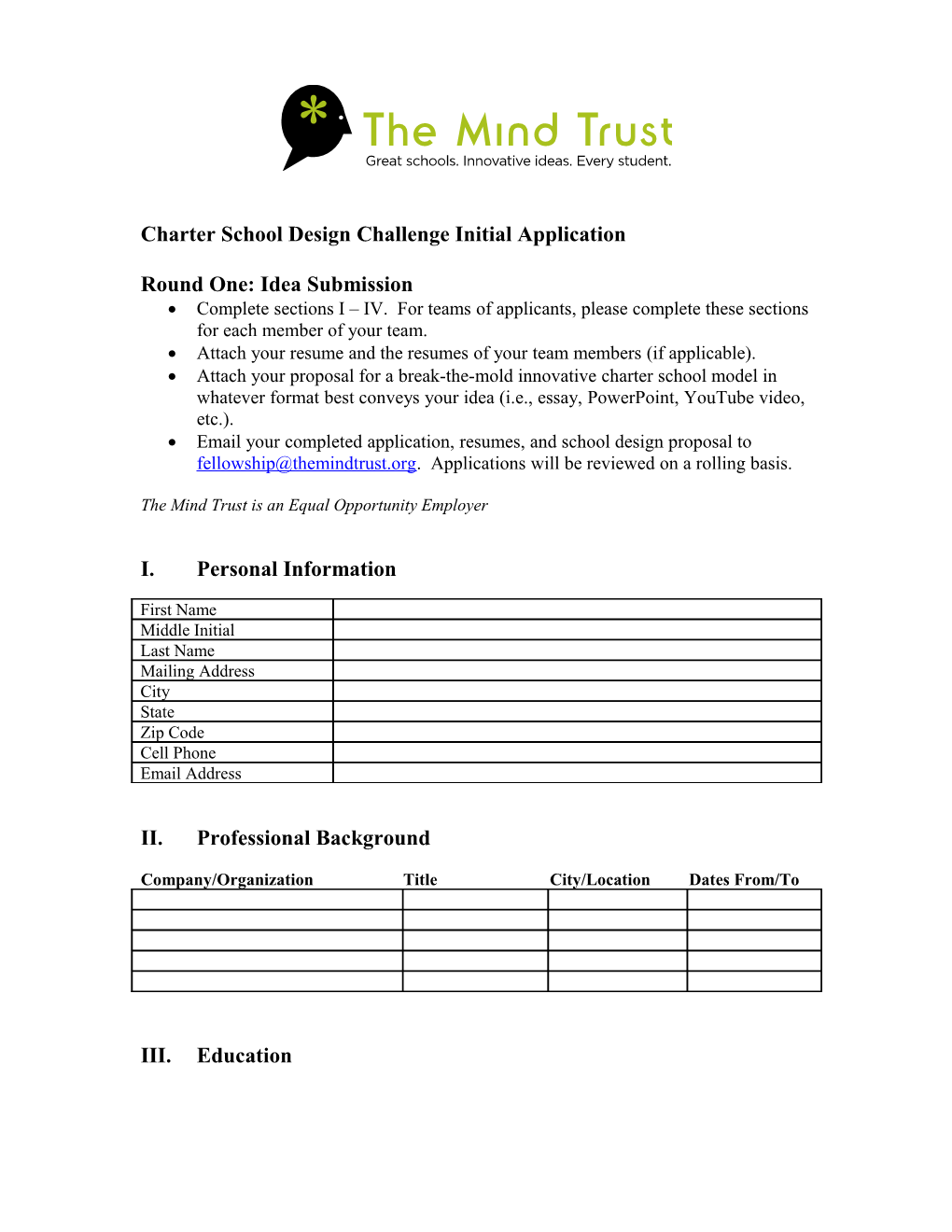 Charter School Design Challenge Initial Application