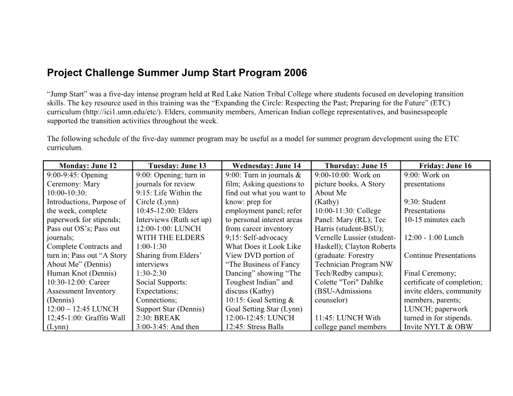 Project Challenge Summer Jump Start Program 2006