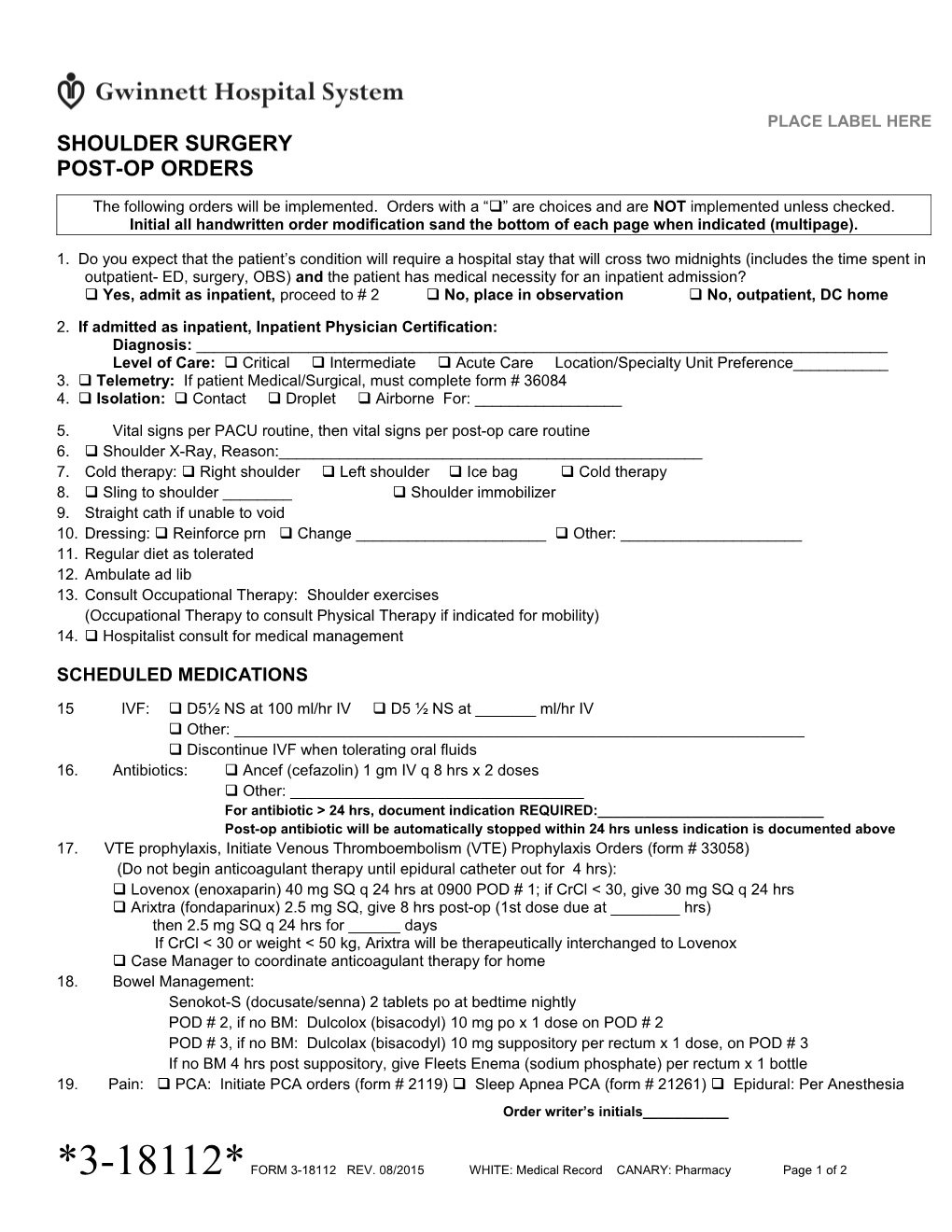 Shoulder Surgery Post Op Orders