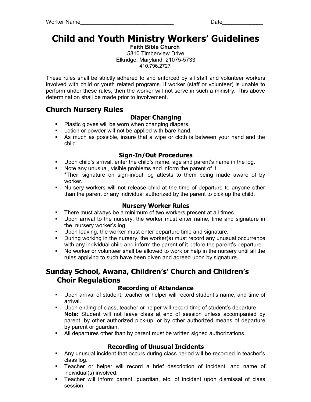 Child and Youth Ministry Workers Guidelines