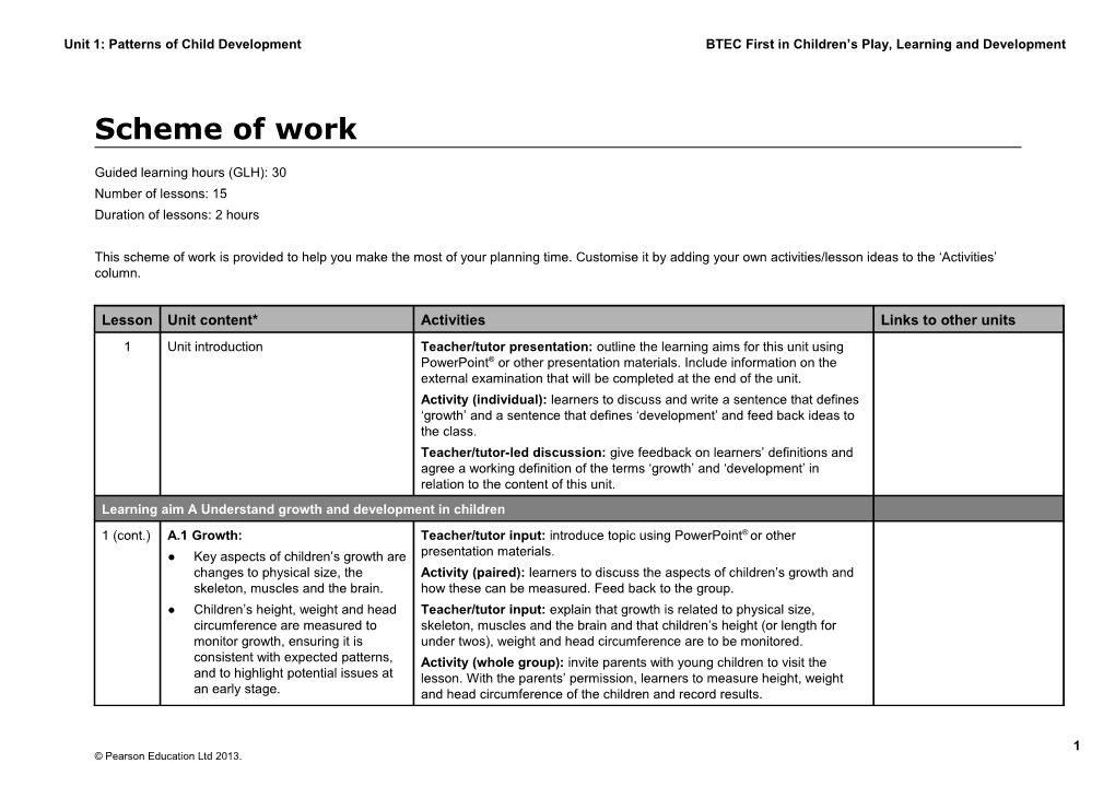 BTEC Firsts in Children's Play, Learning and Development - Schemes of Work - Unit 1