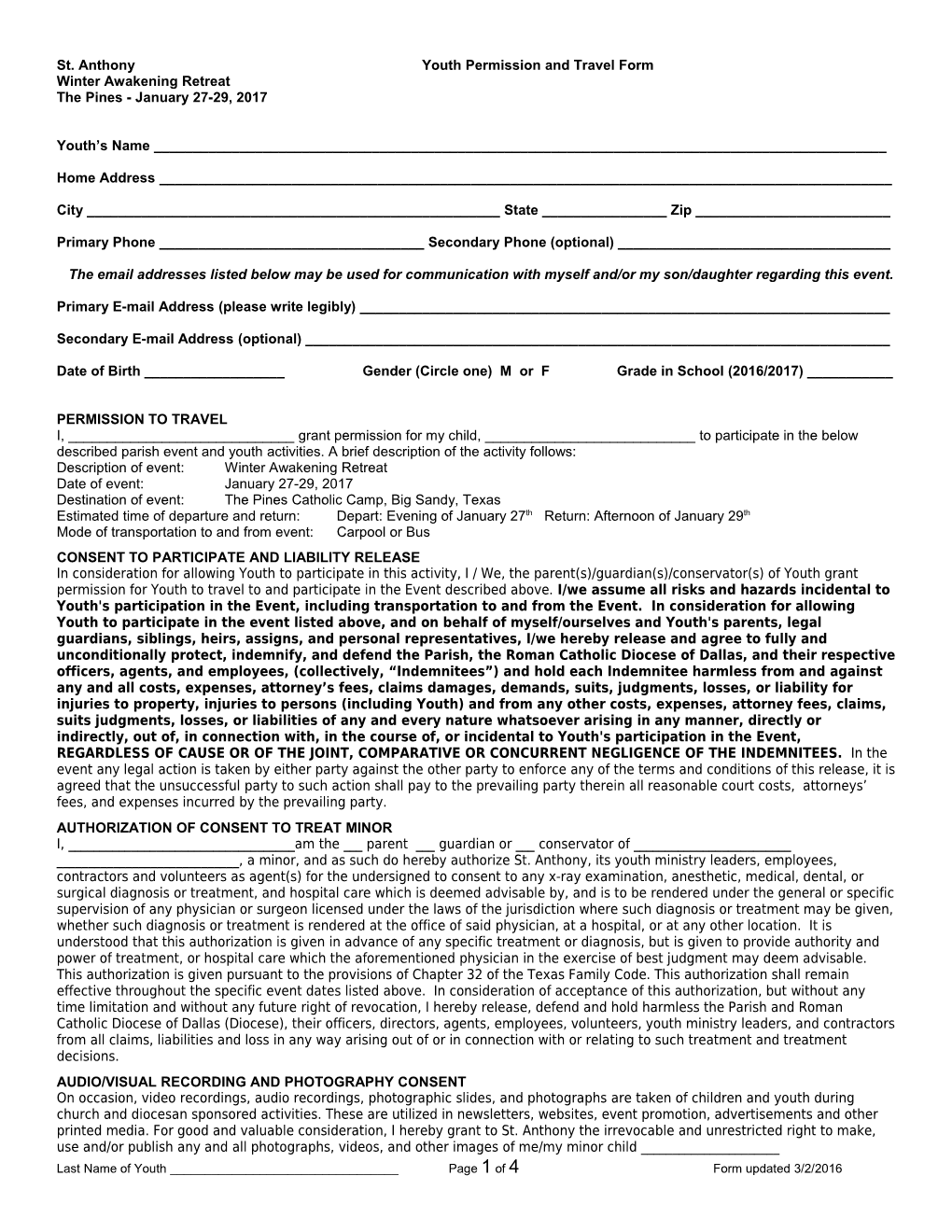 St. Anthony Youth Permission and Travel Form