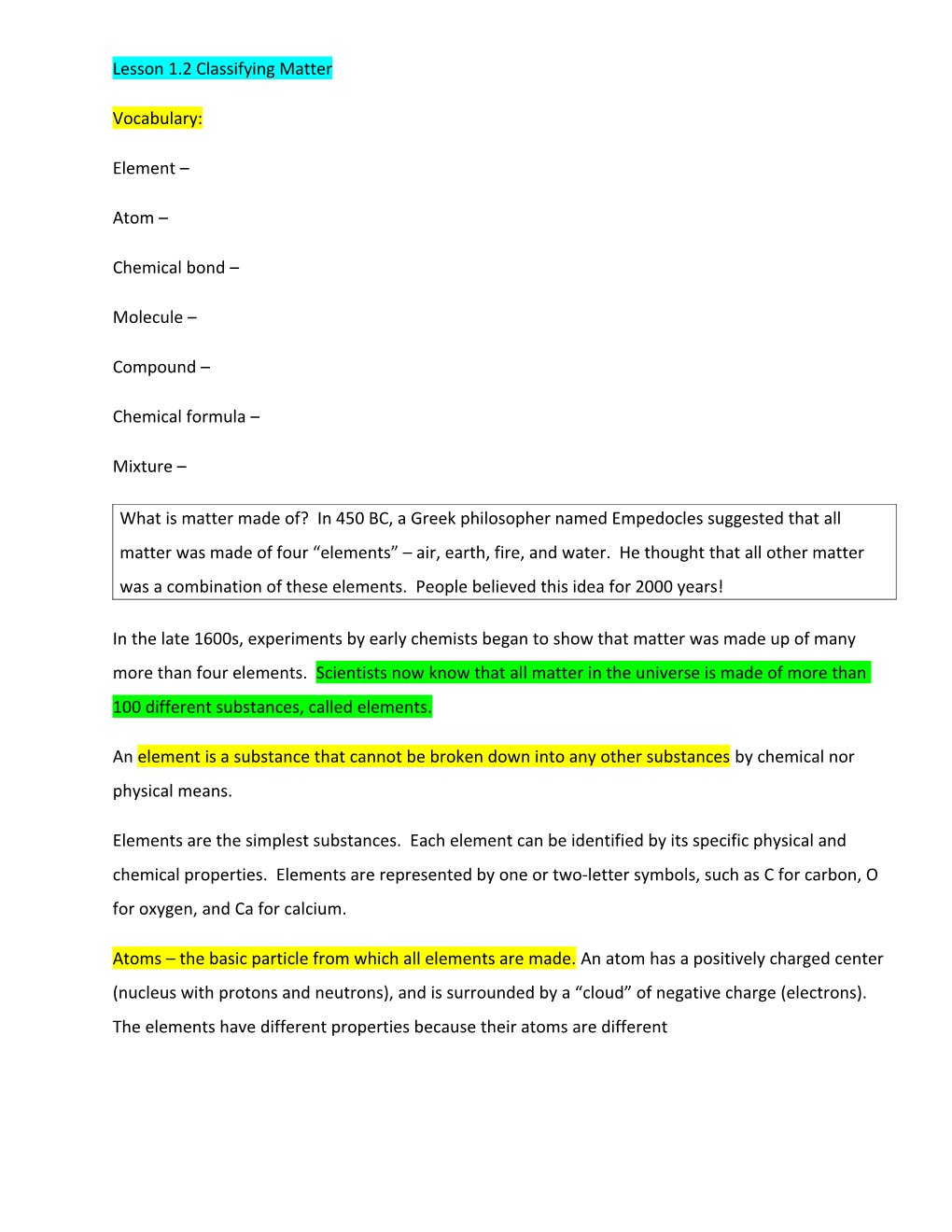 Lesson 1.2 Classifying Matter