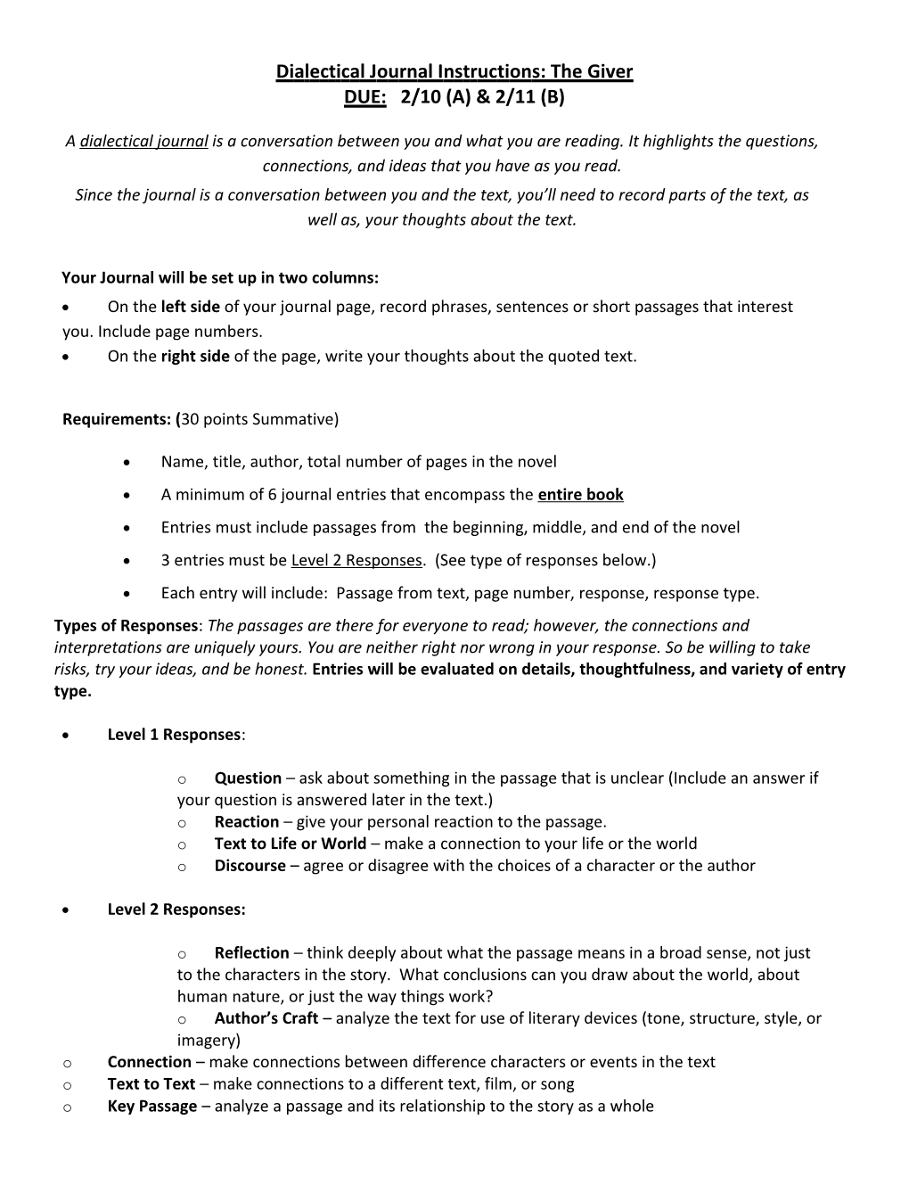 Dialectical Journal Instructions: the Giverdue: 2/10 (A) & 2/11 (B)