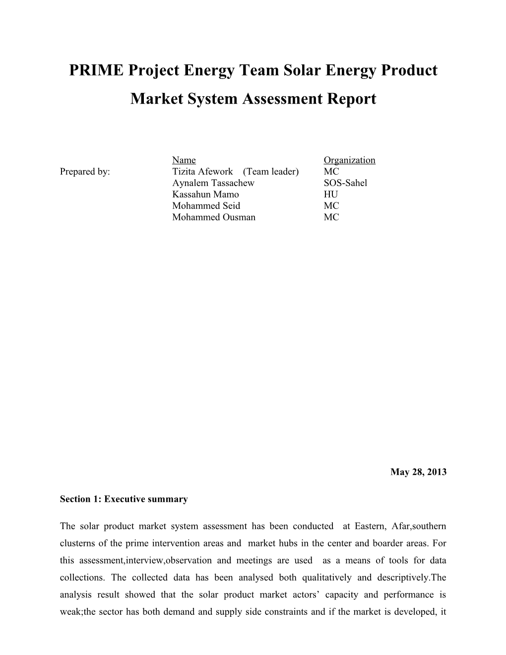 PRIME Project Energy Team Solar Energy Product Market System Assessment Report