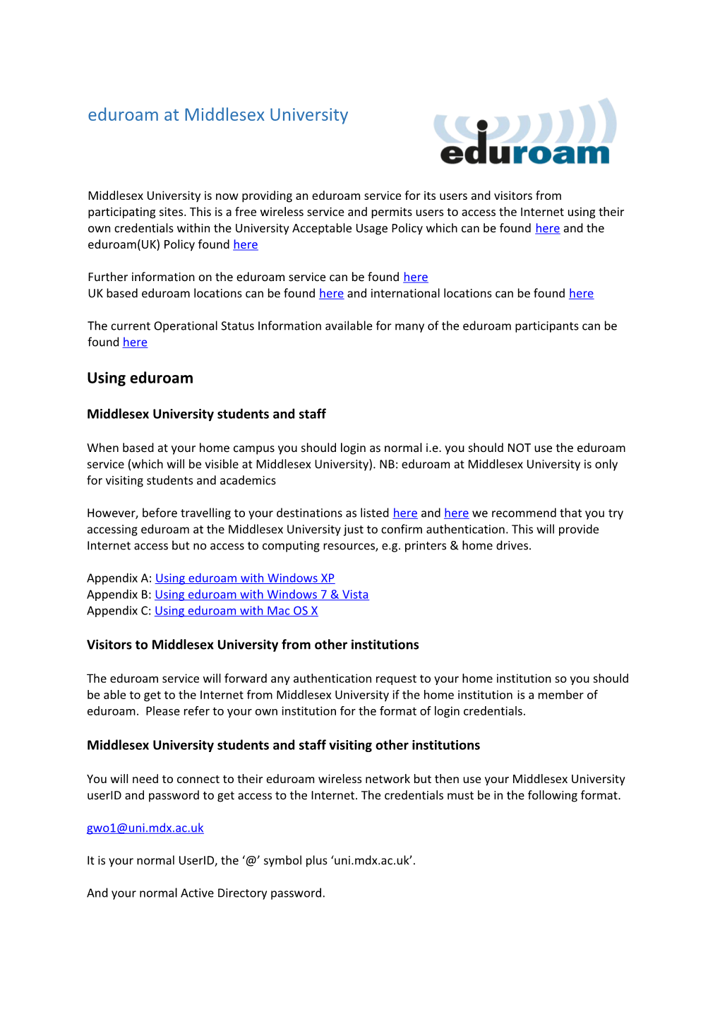 Eduroam at Middlesex University