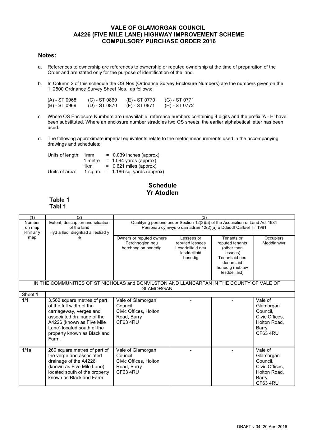 CPO Schedule - Table 1