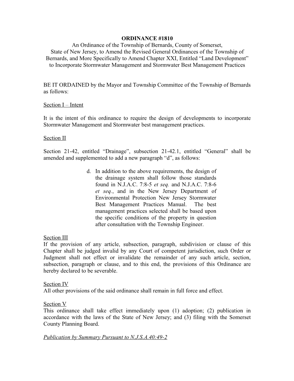 Bernards Ordinance - Re: Njdep Standards for Stormwater (A0370395;1)