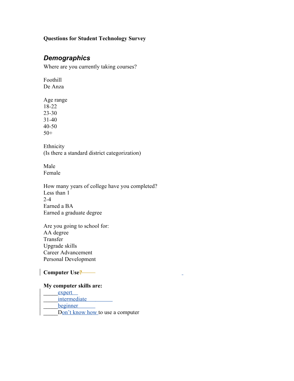 Questions for Student Technology Survey