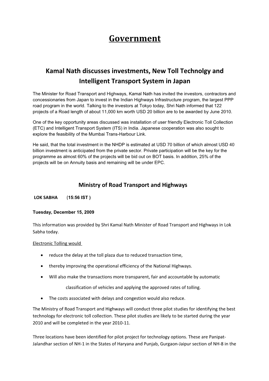 Kamal Nath Discusses Investments, New Toll Technolgy and Intelligent Transport System in Japan