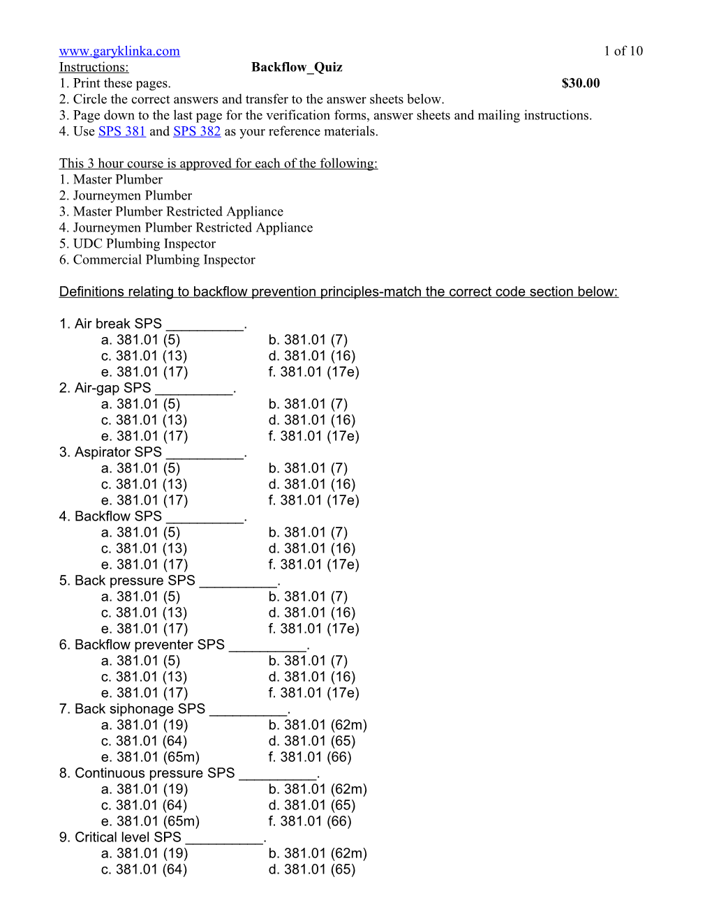 Definition of Terms Relating to Backflow Prevention Principles-Match the Correct Code Section