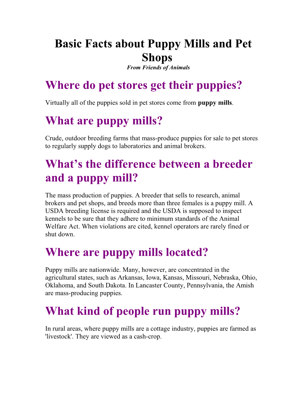 Basic Facts About Puppy Mills and Pet Shops