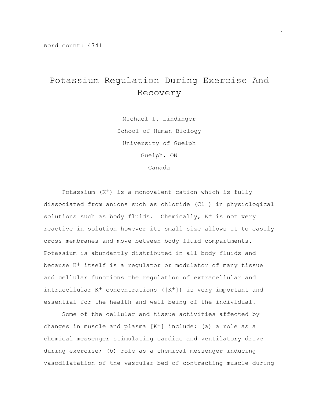 Potassium Regulation During Exercise and Recovery