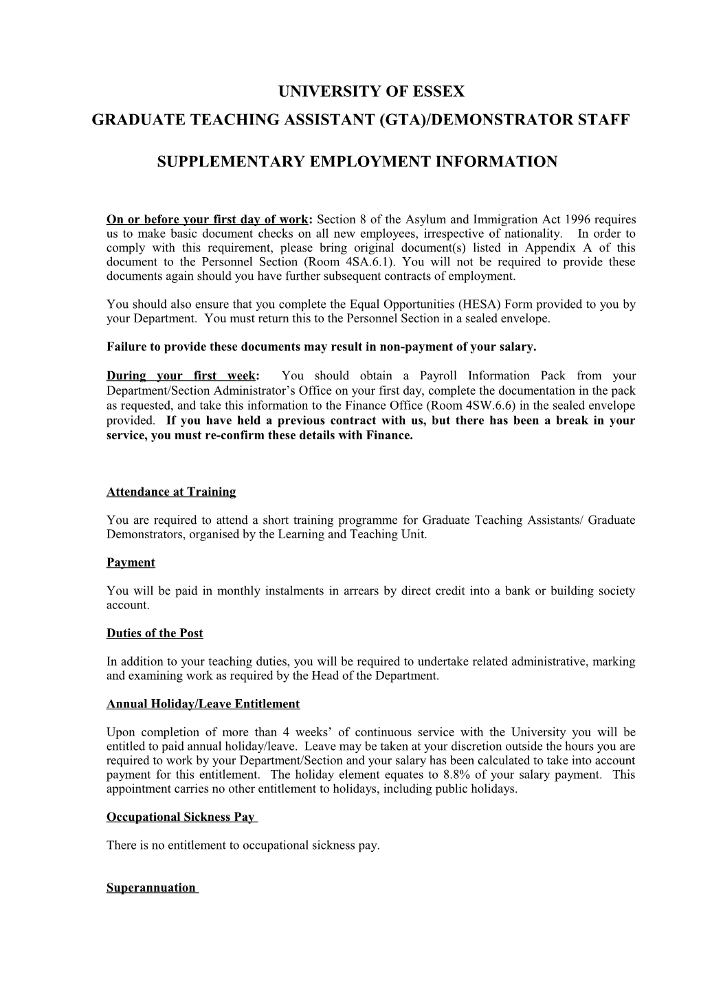 Graduate Teaching Assistant/Demonstrator Staff Terms and Conditions of Employment