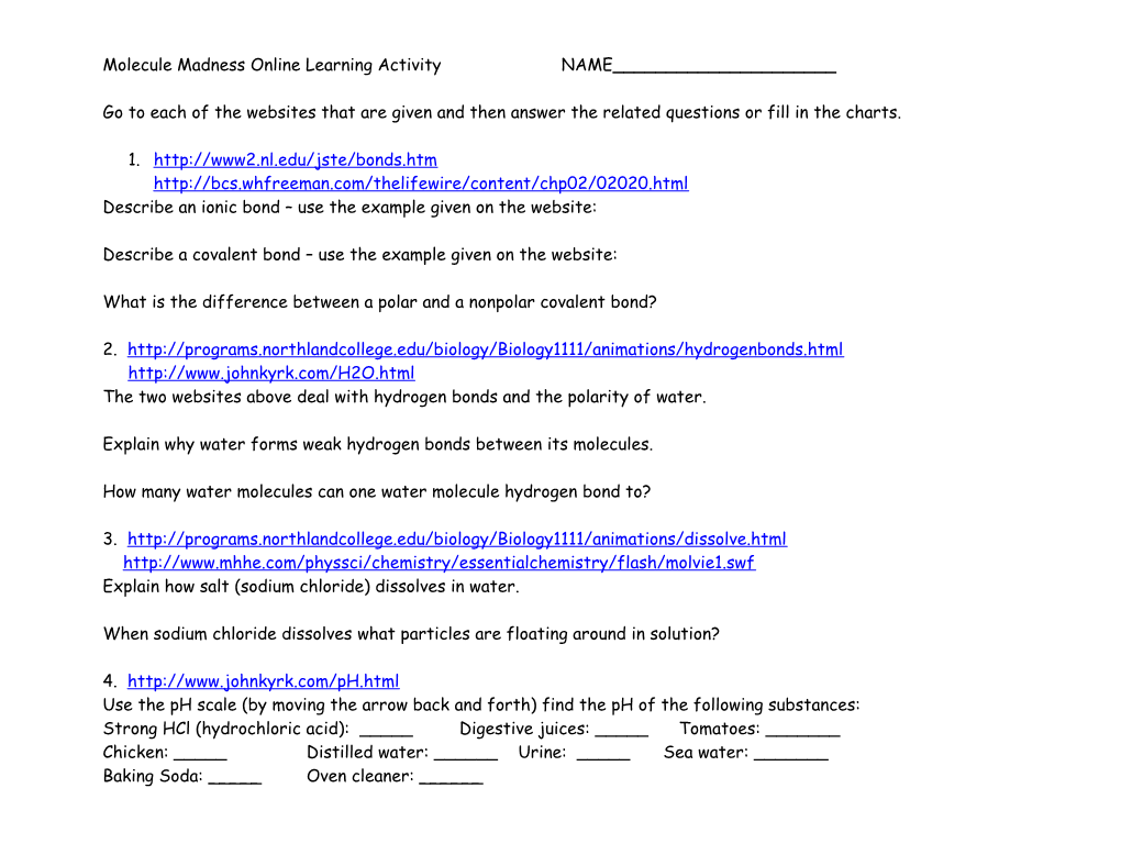 Molecule Madness Online Learning Activity