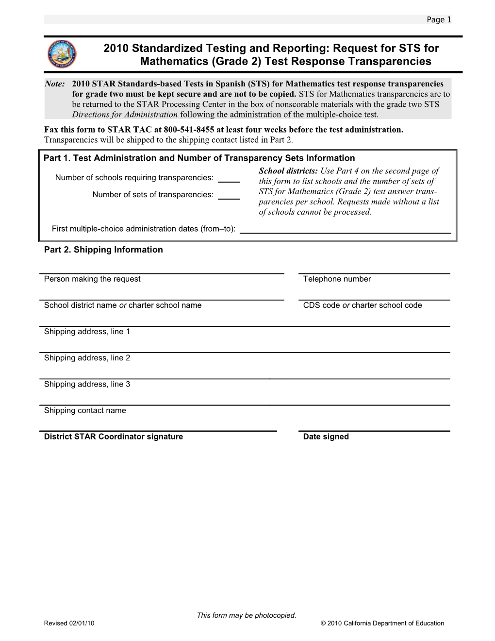 STAR Grade 2 Math Transparencies Request Form