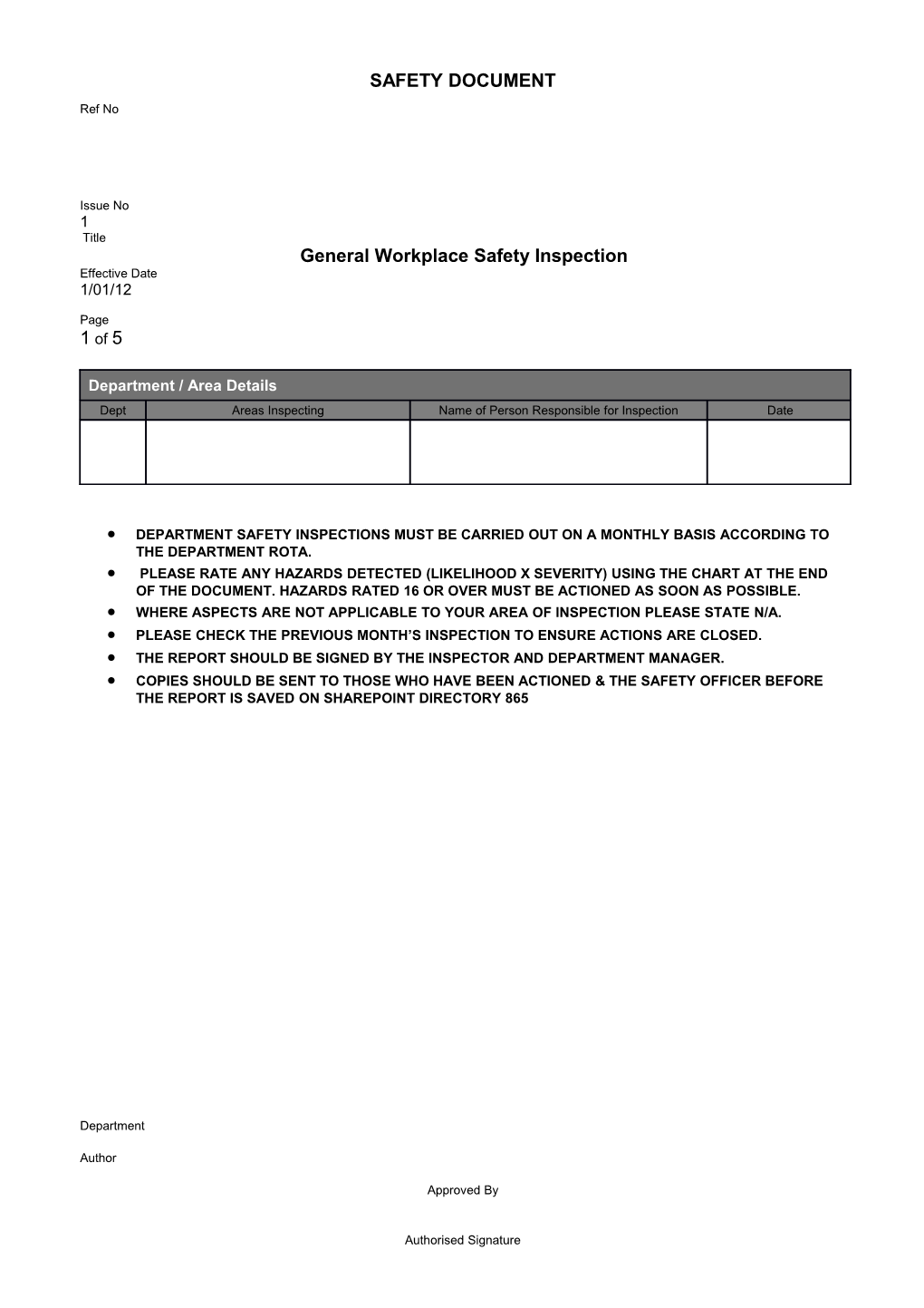 General Workplace Safety Inspection Form (New Form)