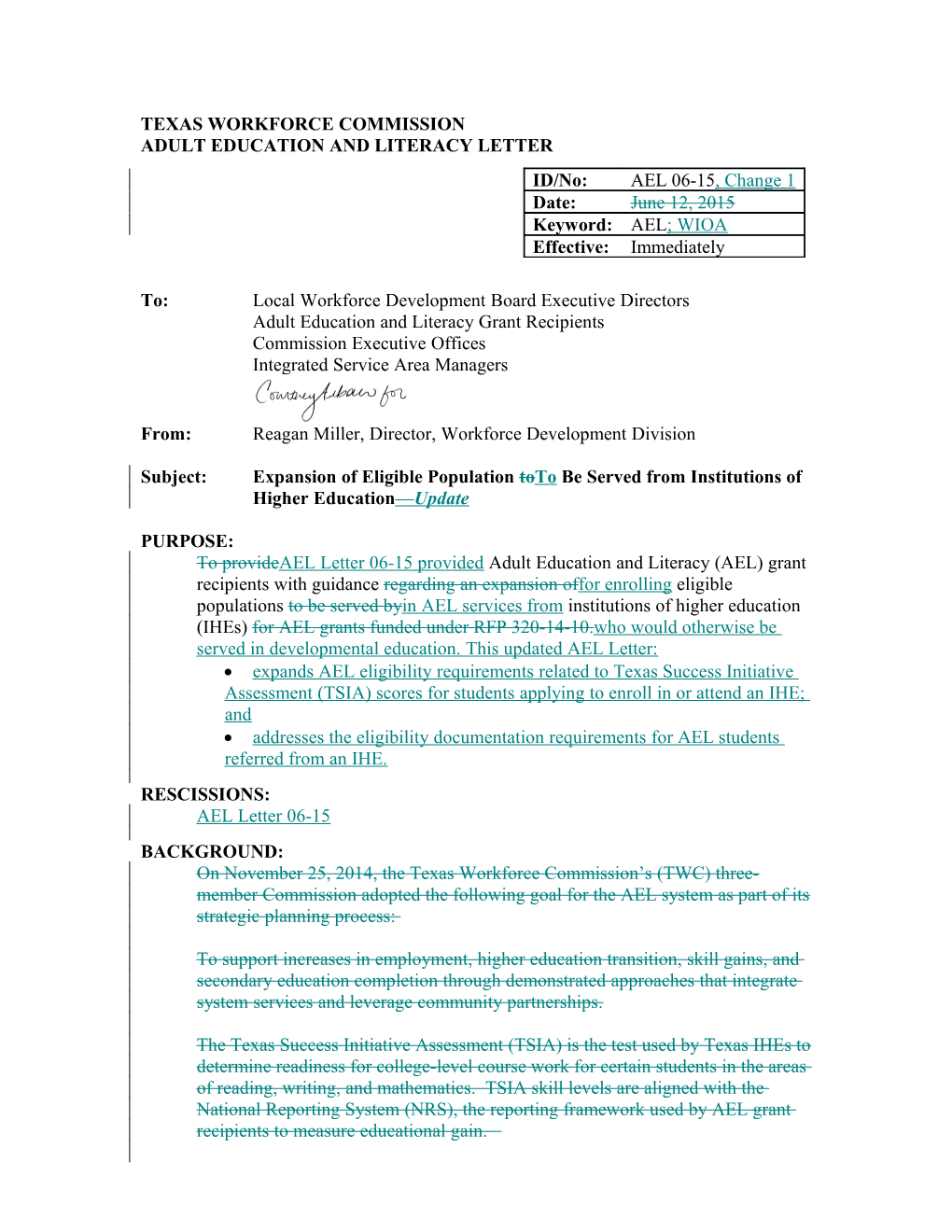 AEL Letter 06-15: Expansion of Eligible Population to Be Served from Institutions of Higher