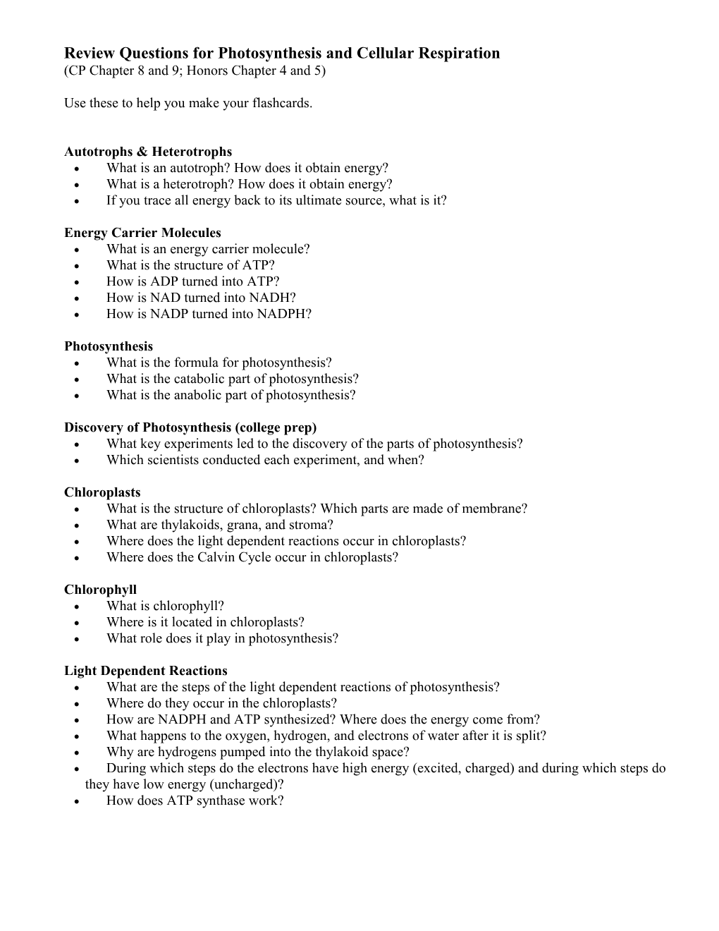 Review Questions for Photosynthesis and Cellular Respiration
