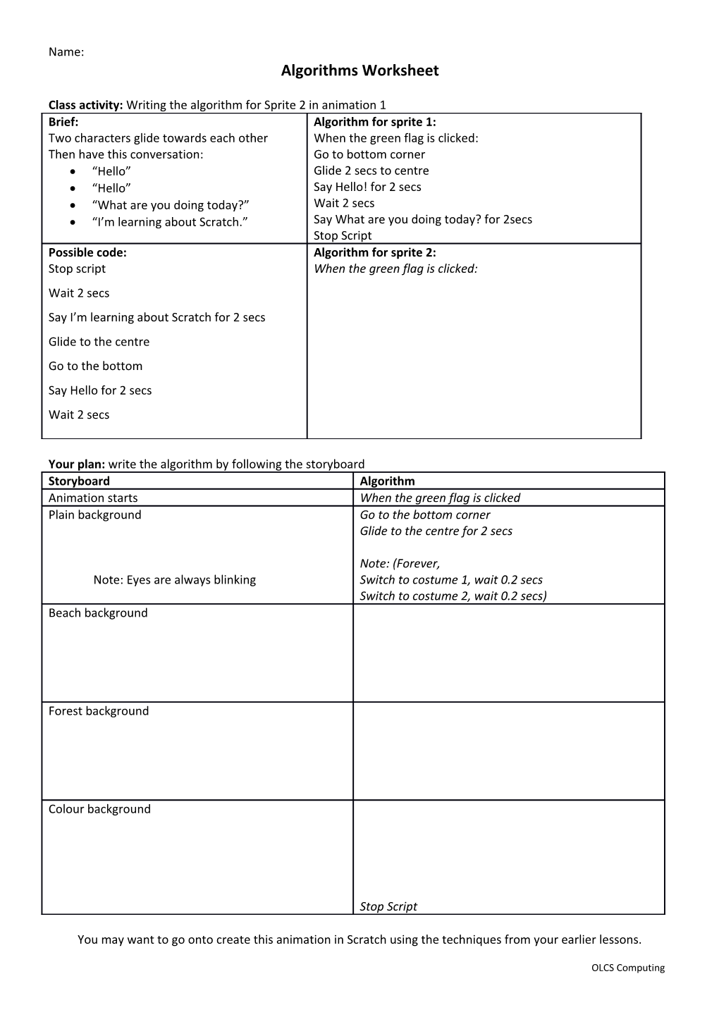 Algorithms Worksheet