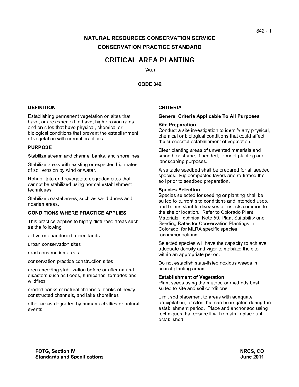 Critical Area Planting (342) Conservation Practice Standard