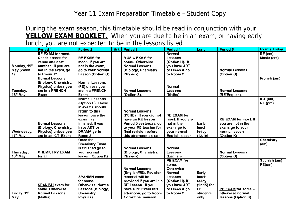 Year 11 Mock Exam Timetable