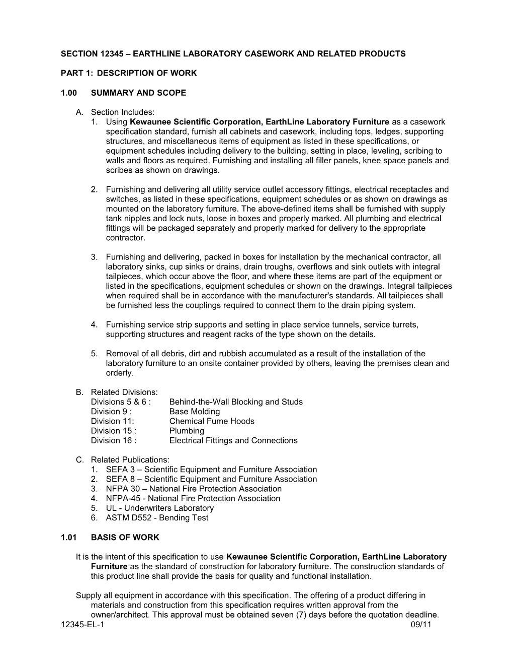 Section 12345 Earthline Laboratory Casework and Related Products