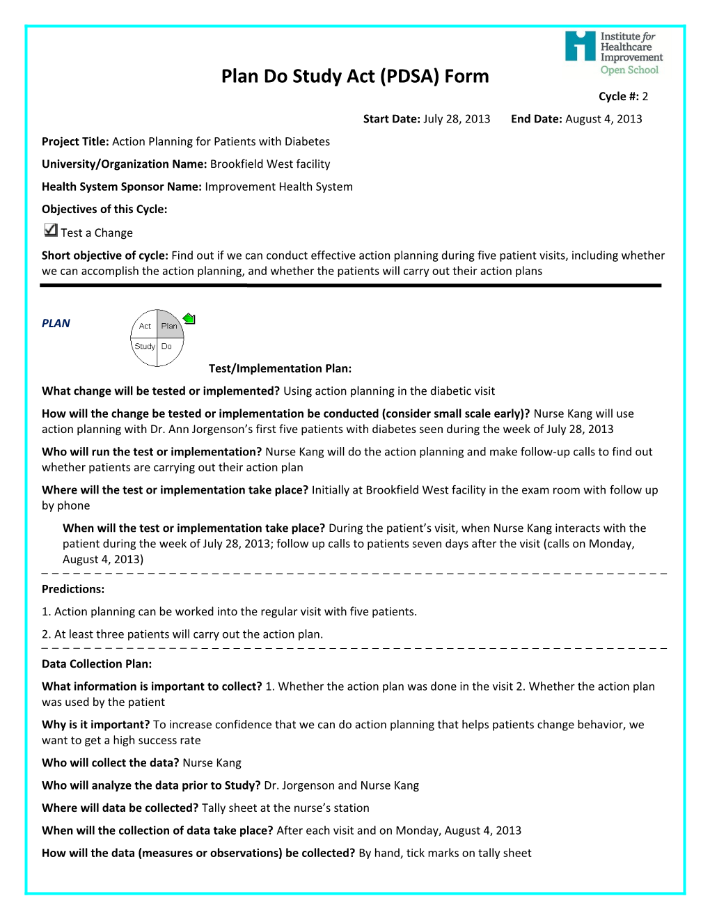 Plan Do Study Act (PDSA) Form