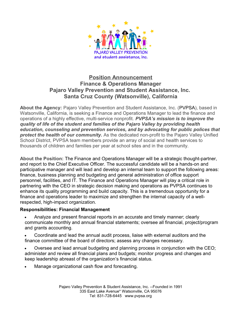 Position Announcement Finance & Operations Manager Pajaro Valley Prevention and Student