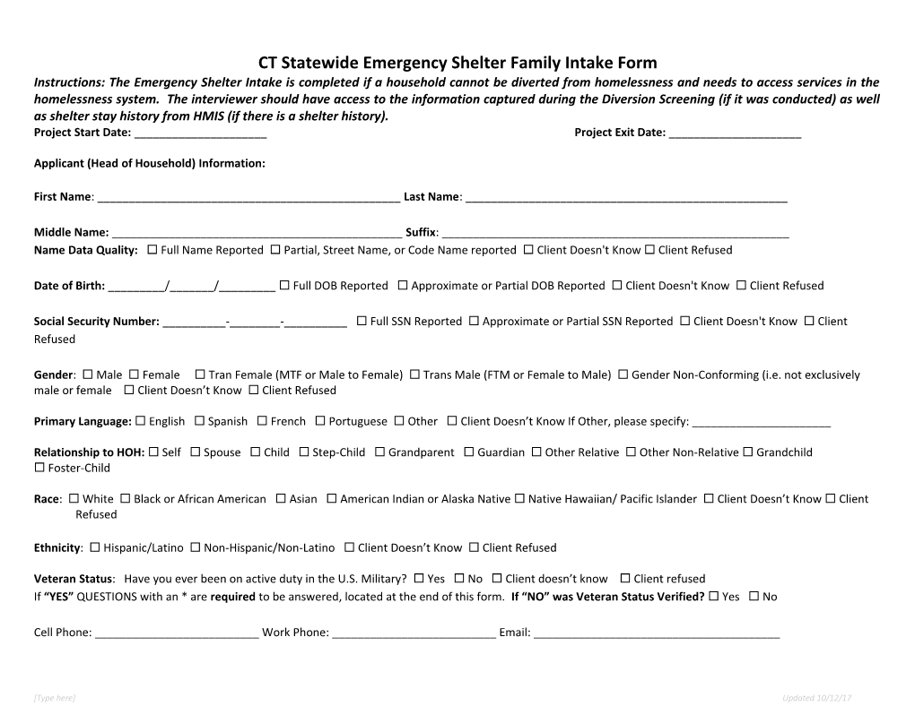 CT Statewide Emergency Shelter Family Intake Form