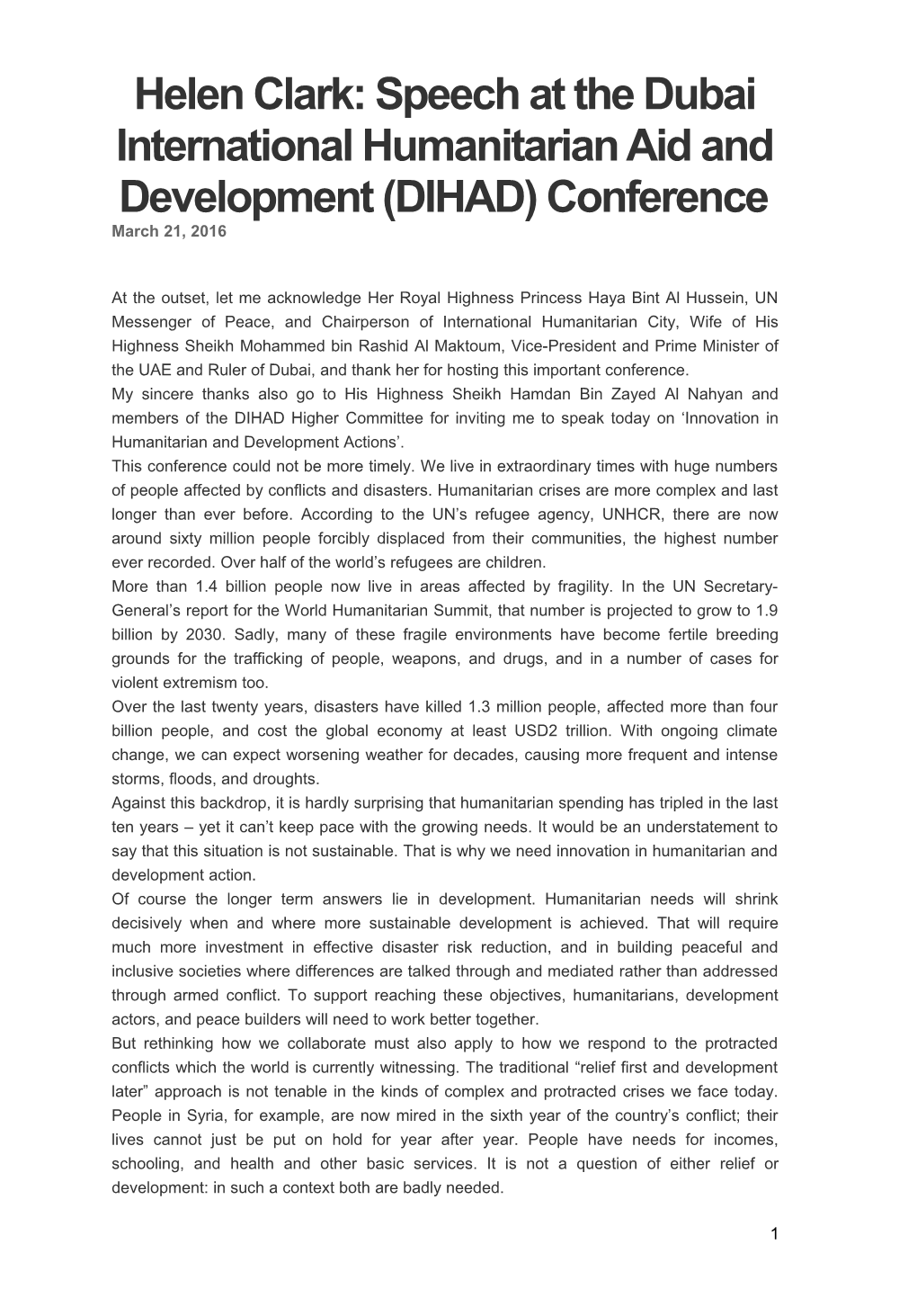Helen Clark: Speech at the Dubai International Humanitarian Aid and Development (DIHAD)