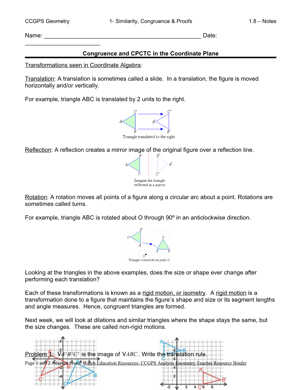 Congruence and CPCTC in the Coordinate Plane